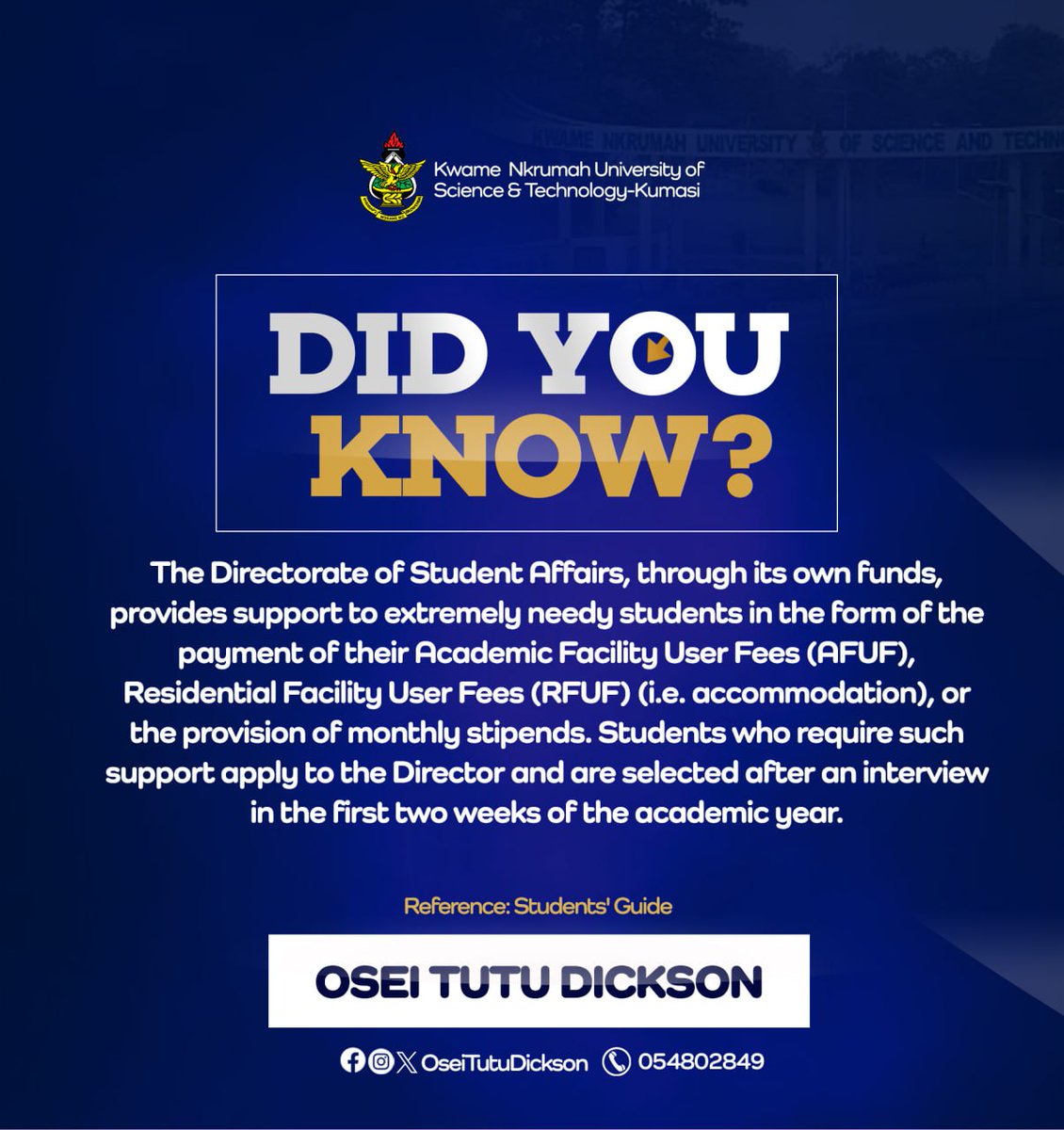 DID YOU KNOW of this opportunity??
Grab this opportunity offered by <a href="/DoSA_KNUST/">DoSA KNUST</a> by the close of this week by applying to the director of the Directorate. 

Share with friends as well🤲