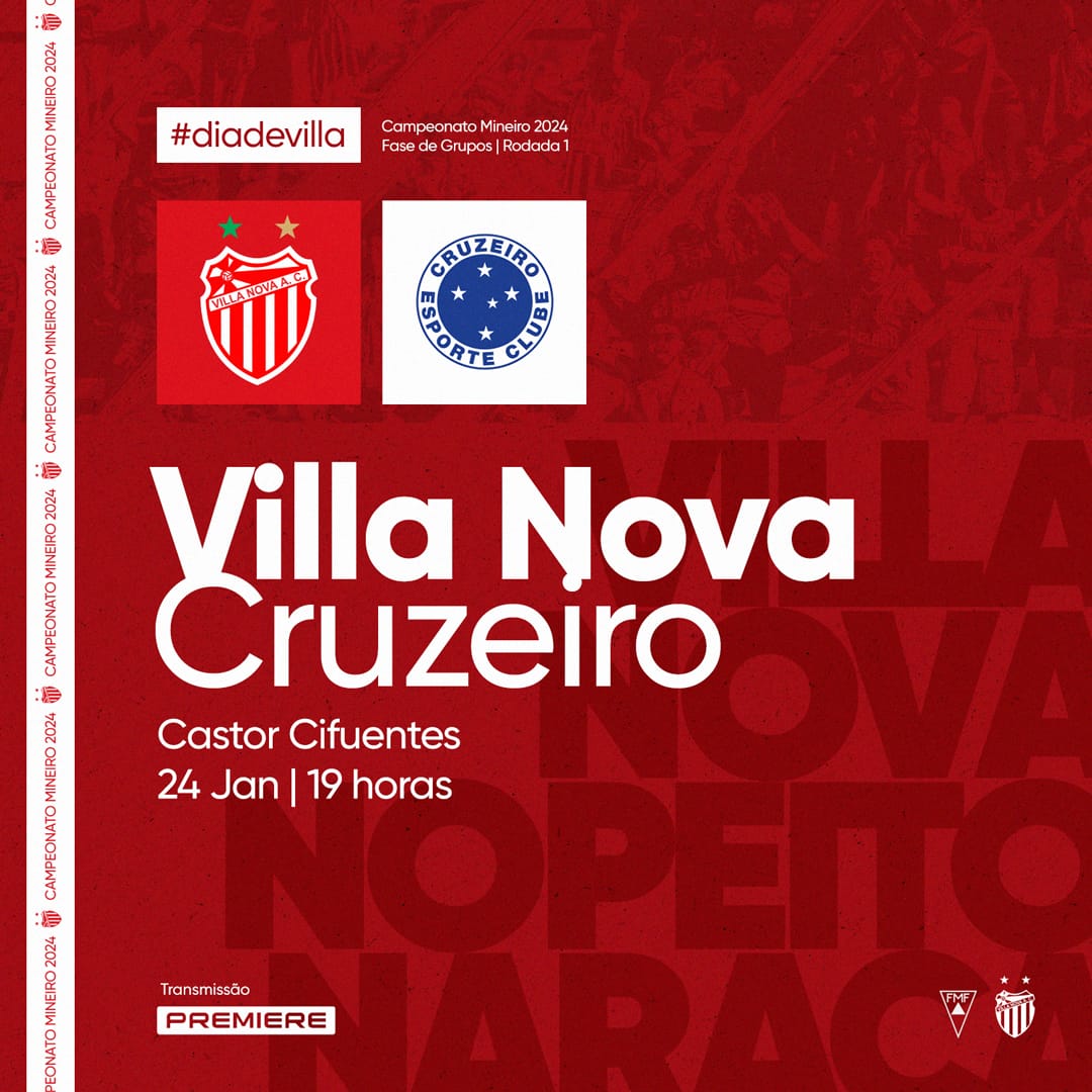 #DIADEVILLA 01

📍Estadual / Rodada 1
🆚 <a href="/Cruzeiro/">Cruzeiro 🦊</a> 
🏟️ Castor Cifuentes - Nova Lima
🕒 19h
📺 <a href="/canalpremiere/">Premiere</a>

#VillaNoPeitoENaRaca