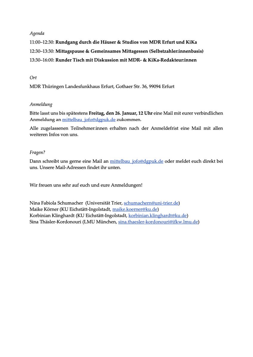 mijofo (@mijofo_) on Twitter photo (1/3) Um den Austausch zwischen #Wissenschaft und #Medienpraxis zu fördern, veranstalten wir vor der <a href="/DGPuK2024/">DGPuK Jahrestagung 2024</a> in Erfurt am 12.03. unsere erste mijofo Pre-Con: „Science meets Practice – Raus aus dem Elfenbeinturm” <a href="/mdr_th/">MDR THÜRINGEN</a> und #KiKa!
Hier gehts zum CfP: tinyurl.com/2s3s36xu (1/3) Um den Austausch zwischen #Wissenschaft und #Medienpraxis zu fördern, veranstalten wir vor der <a href="/DGPuK2024/">DGPuK Jahrestagung 2024</a> in Erfurt am 12.03. unsere erste mijofo Pre-Con: „Science meets Practice – Raus aus dem Elfenbeinturm” <a href="/mdr_th/">MDR THÜRINGEN</a> und #KiKa!
Hier gehts zum CfP: tinyurl.com/2s3s36xu
