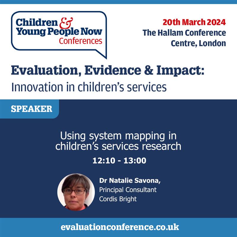 Get an expert introduction into system mapping at the <a href="/cypnow/">Children & Young People Now</a> Evaluation #conference.

Hear from #DrNatalieSavona from <a href="/Cordisbright/">Cordis Bright</a> to learn about exploring children’s issues and visualising the factors involved.

20th March, Hallam Centre.

Book now: bit.ly/3UgHk1X