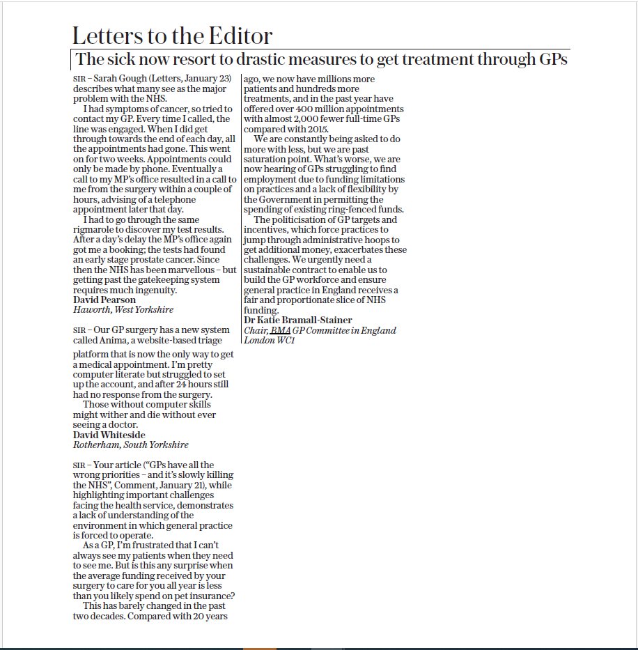 In response to the Telegraph's recent article about GP priorities, GPC chair <a href="/doctor_katie/">@DrKatie.BSky.Social</a> says that it "demonstrates a lack of understanding of the environment in which general practice is forced to operate." Read her letter to the Editor: [1/] telegraph.co.uk/opinion/2024/0…