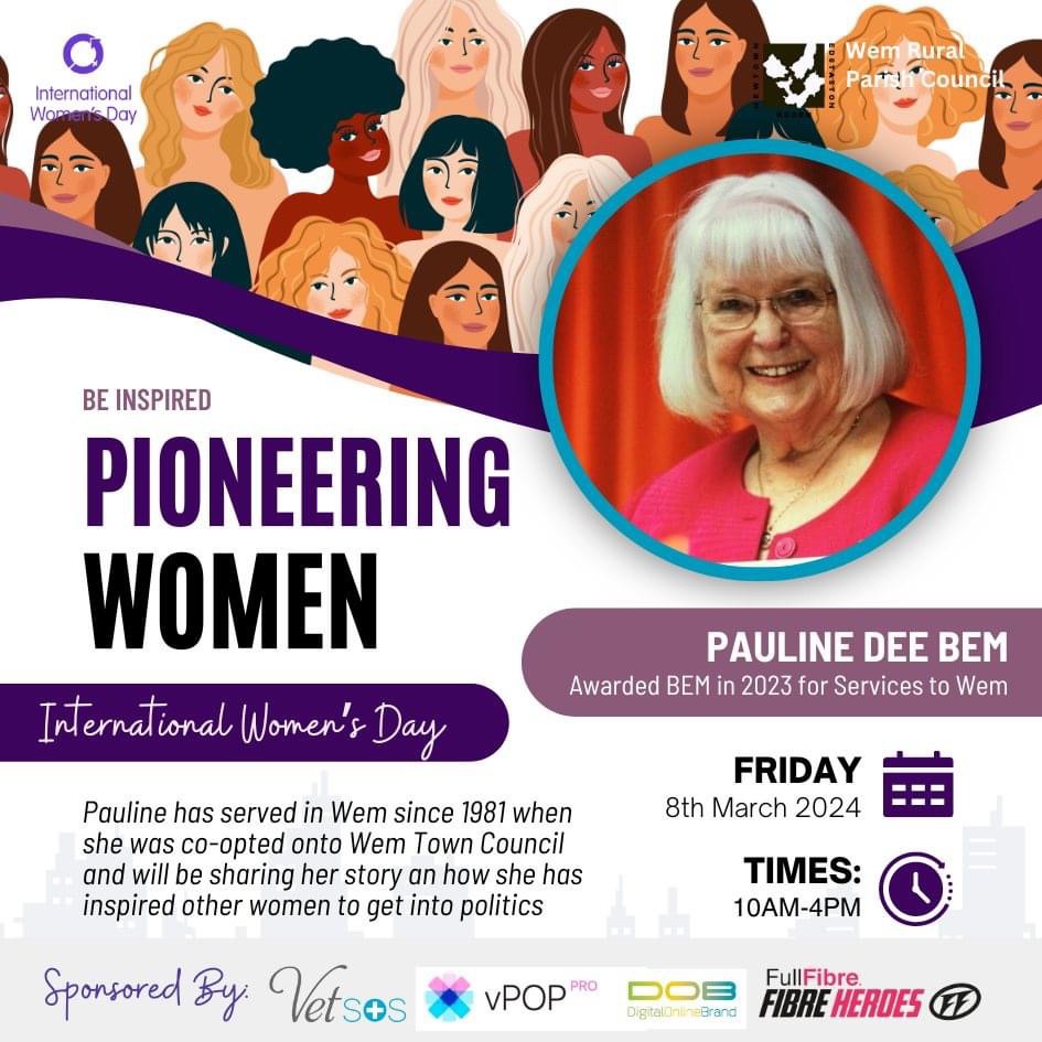 Pauline Dee BEM has served in Wem since 1981 when she was co-opted onto Wem Town Council and will be sharing her story an how she has inspired other women to get into politics 
Come and join us at International Women's Day and be inspired!
iwd2024.com/2024/01/23/pau… 
#iwd2024 #wem
