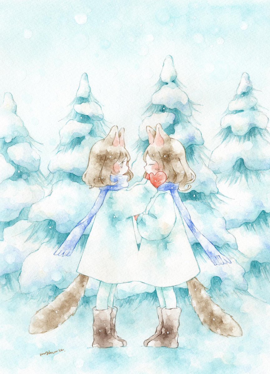 animal ears tree scarf blue scarf 2girls multiple girls tail  illustration images