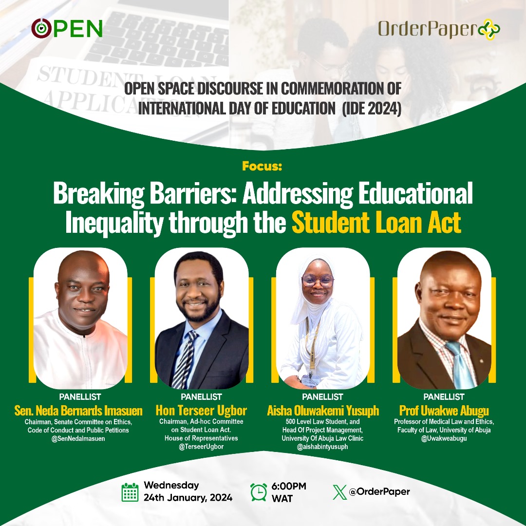 OrderPaper's tweet image. Join us on #OrderPaperSpace discourse as we commemorate #InternationalDayofEducation at 6PM WAT this Wednesday January 24, 2024.👇

x.com/i/spaces/1ZkJz…

Focus: 'Breaking Barriers: Addressing Educational Inequality through the Student Loan Act'

#OPENSpace #EducationDay…