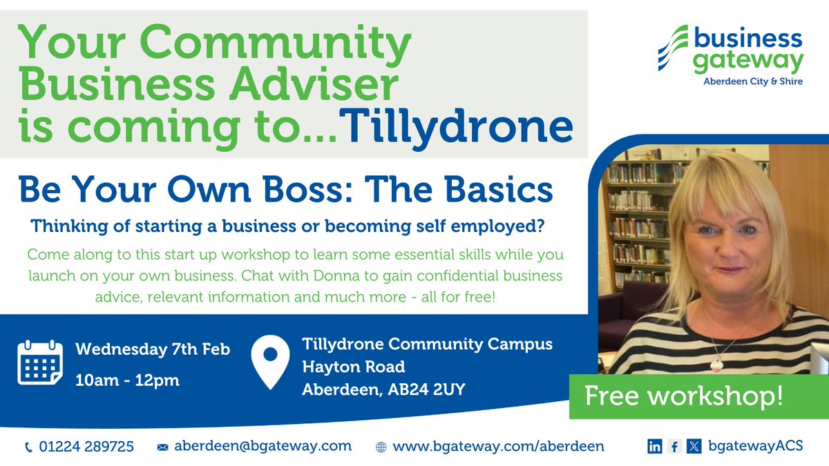 Ready to crush your 2024 goals and be your own boss? 😎 Join Donna's workshop in #Tillydrone on 7th Feb for essential tips to launch your business! 🚀 📍 Limited spots available. Book now: ow.ly/qZ9v50QfzH3 #BeYourOwnBoss #Entrepreneurship