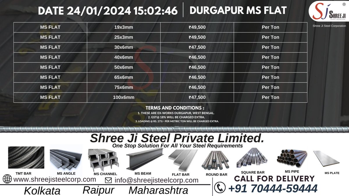 shreejisteel1's tweet image. MS FLAT19x3mm₹49,500Per Ton
MS FLAT25x3mm₹49,500Per Ton
MS FLAT30x6mm₹47,500Per Ton
MS FLAT40x6mm₹46,500Per Ton
MS FLAT50x6mm₹46,500Per Ton
MS FLAT65x6mm₹46,500Per Ton
#FLAT #FLATBAR
