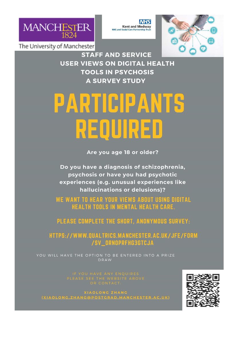 📢SURVEY STUDY📢 People with lived experience of psychosis, help us understand the best ways to use digital tools in mental healthcare in this short online survey. Staff And Service User’s Views on Digital Health Tools in Psychosis | Service User Survey (manchester.ac.uk)