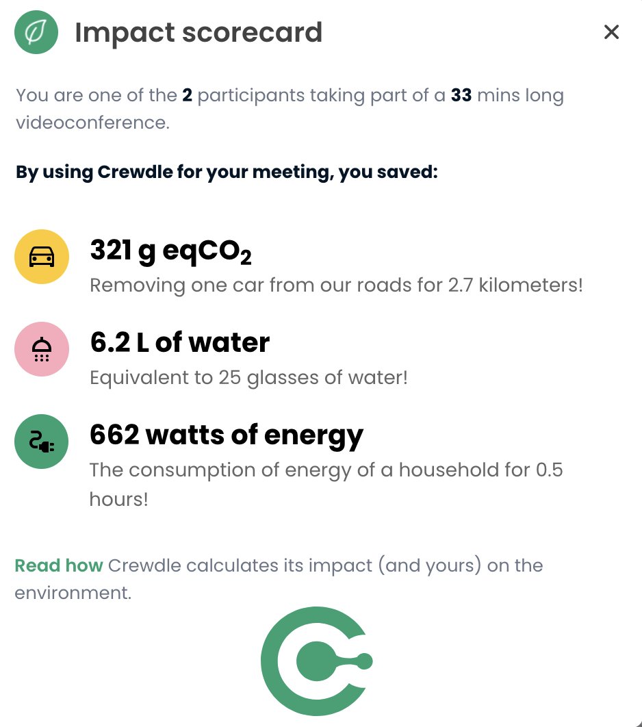 My favourite planet-friendly video call platform that monitors carbon, water and energy use per meeting.  For both myself and clients last year. Try Crewdle and see what you think. A screen grab of one of my meetings attached. <a href="/madebyleap/">madebyleap</a> <a href="/GoodFestivalUK/">GoodFest</a>  crewdle.cello.so/4cRnkUZnseO