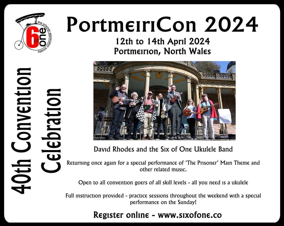 PortmeiriCon 2024 The Six of One Ukulele Band led by David Rhodes returns once again for a special performance which will take place on the Sunday following the Human Chess. Open to all comers, you just need a ukulele. Register for the Convention at sixofone.co/convention
