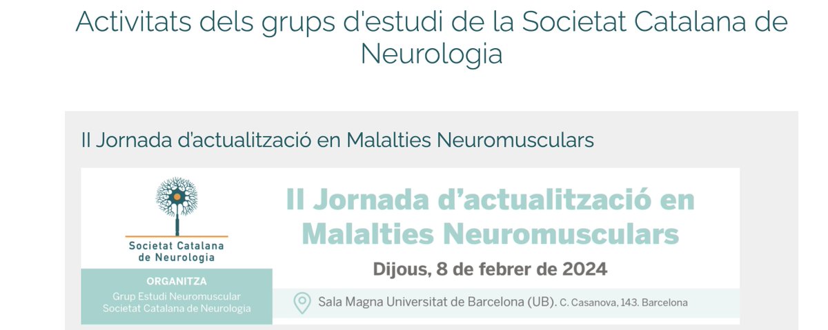 Ja et pots inscriure a la II Jornada d’actualització en Malalties Neuromusculars de la @SCatalanaNeuro 🧠 Apuntat la data! 📅 8 de febrer - sala Magna de la @UniBarcelona. El Dr. Nascimento serà el encarregat de l’actualització en el tractament de l’atròfia muscular espinal