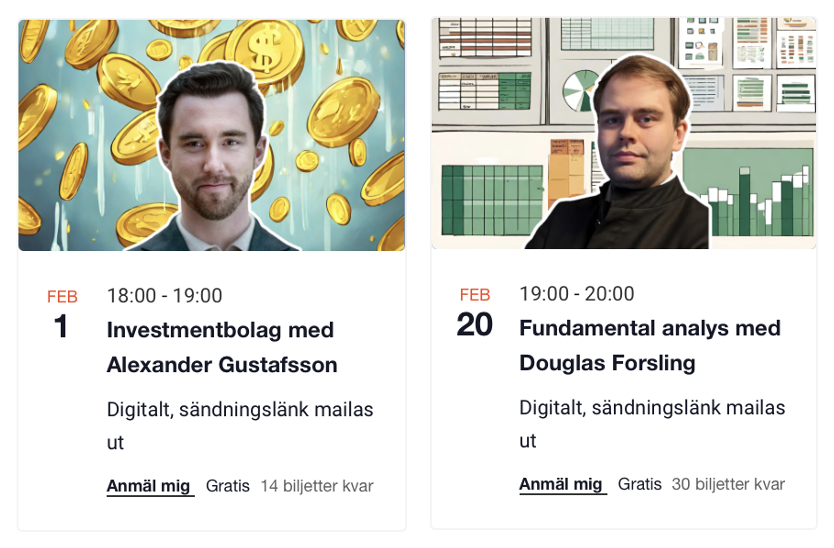 Missa inte chansen att anmäla dig till föreläsningarna i februari med <a href="/AlexanderGust/">Alexander Gustafsson</a> &amp; <a href="/Investacus/">Investacus 🧠 💰</a>!

Eventen hittar du på Unga Aktiesparares hemsida 😃