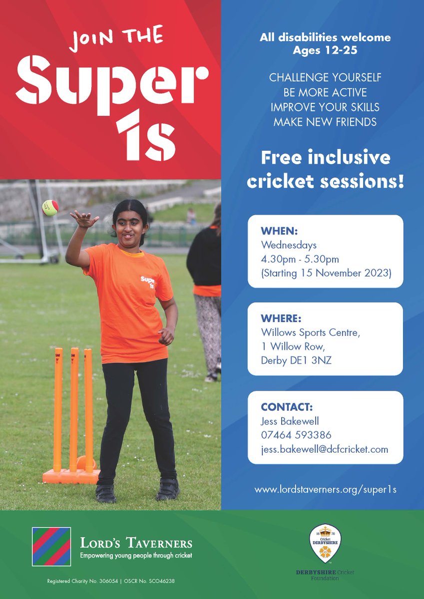 🏏@LordsTaverners Super 1s Sessions🏏

FREE Inclusive Cricket Sessions for those aged 12-25!

📅Wednesdays
⏰4.30 - 5.30pm
📍Willows Sports Centre, Derby
🏏All Disabilities Welcome🏏

For more info contact jess.bakewell@dcfcricket.com
#super1s