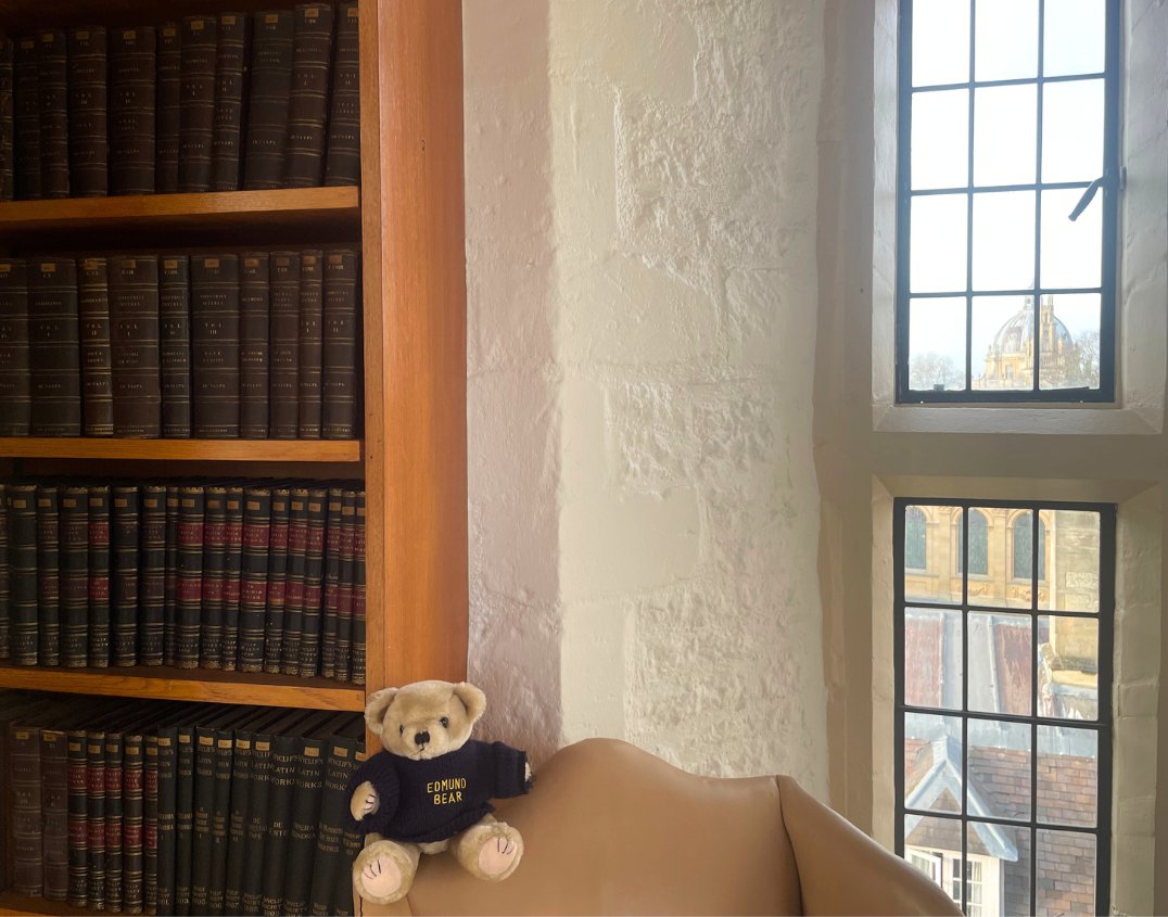 This #LibraryShelfieDay Edmund Bear is hanging out at the very top of the Library Tower, enjoying the shelves and the view 🥰

#DreamingSpires #DreamingShelves #LibrariesOfOxford #TeddyHall