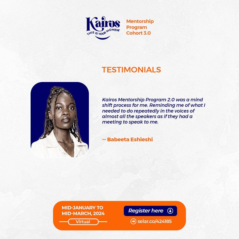 Thekairoshq's tweet photo. Here's what @babeetoria has to say about Kairos
Mentorship Program.
Don't hesitate! Click on the link on our bio to secure a spot for KMP
3.0!
#thekairosha #kairosmentorshipprogram #peopledevelopmentcentre #mindshiftprogram https://t.co/Wkf9VJmOkf