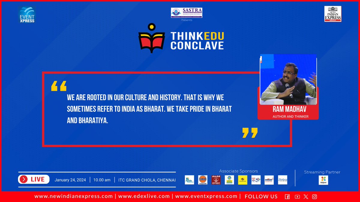Xpress_edex's tweet photo. Author and thinker @rammadhav_ speaks about ‘Bharat and Hindutva: How Far Do They Go?’ at a session in #ThinkEduConclave2024
@PrabhuChawla @santwana99 @NewIndianXpress @SastraUniv @Eventxpress
#ThinkEdu #Secular #ThinkEdu2024 #RamMandir https://t.co/gg5fNH5Zt7