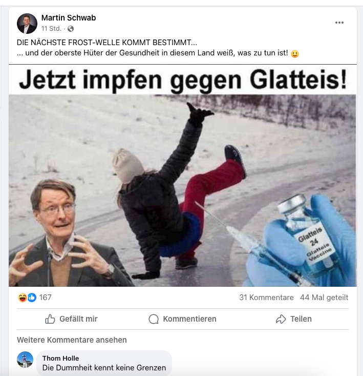 Wenn #MartinSchwab, Prof. der @uniBielefeld, bei Facebook Witze macht, lachen dann eigentlich auch seine Kolleg*innen der medizinische Fakultät? Und gehört das öffentliche Verhöhnen von Wissenschaftlichkeit inzwischen zur gehobenen Etikette der Universität #Bielefeld?