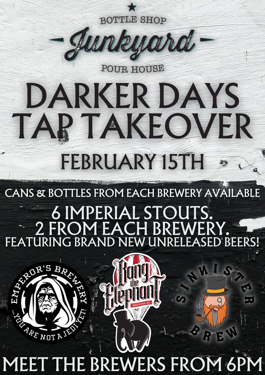 Big shout out to all you Impy Kids! Going back to our Old Rasputin days we've always tried to pop an Imperial Stout on one of our taps. Well how about 6 at once? With these big hitters in town it should be a top night <a href="/BangTheElephant/">Bang The Elephant Brewing Co.</a> <a href="/EmperorsBrewery/">Emperors Brewery</a> #SINИISTERBREW
