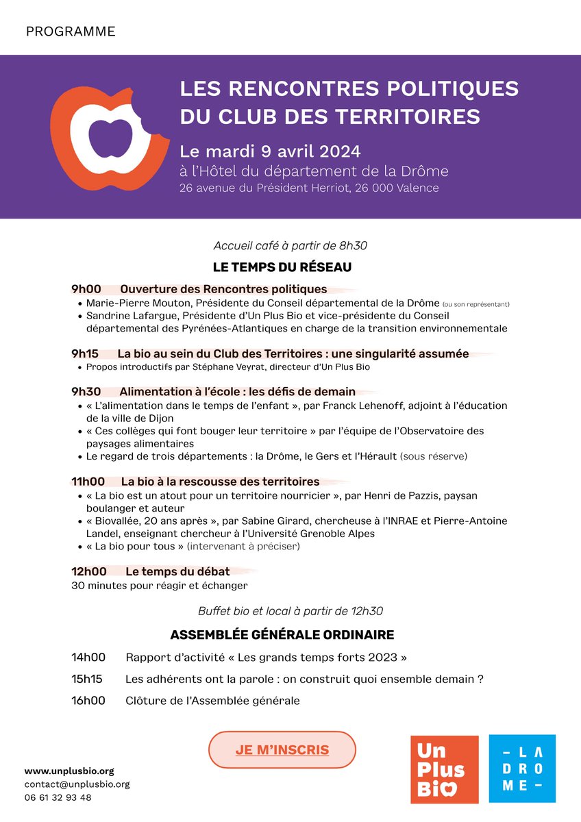 📅 [À vos agendas] Les Rencontres politiques se tiendront à Valence le 9 avril 2024, accueillies par le @La_drome  

🔗 Les inscriptions sont ouvertes jusqu’au mercredi 3 avril : unplusbio.org/inscription-re…
