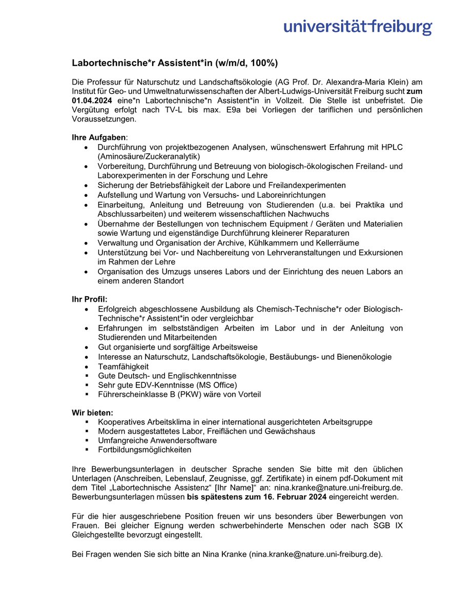 Als Verstärkung für unser Team suchen wir zum 01.04.2024 eine*n Labortechnische*n Assistent*in <a href="/UniFreiburg/">Universität Freiburg</a>

🌿 Spannende Aufgaben
🐝 Diverses Team
🌷 Unbefristet, Vollzeit

Wir freuen uns auf eure Bewerbungen!
#jobs #labor #stellenangebote #career

nature.uni-freiburg.de/Offene%20Posit…