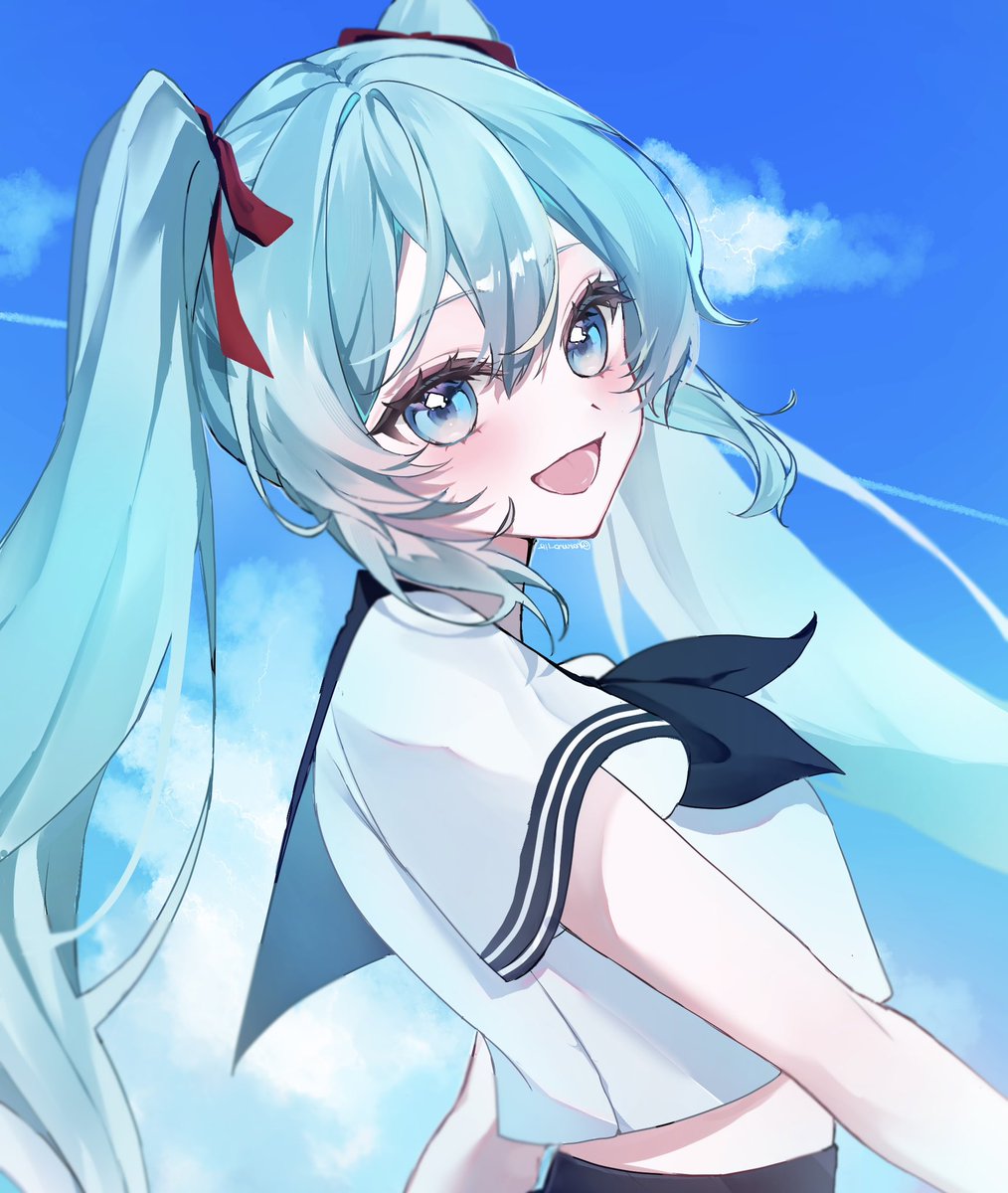 hatsune miku 1girl solo twintails smile long hair sky shirt  illustration images
