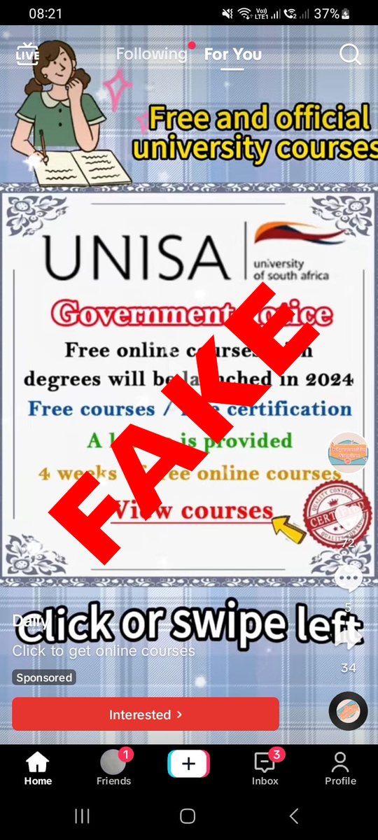 unisa's tweet image. Please note that this message below is fake and not from Unisa