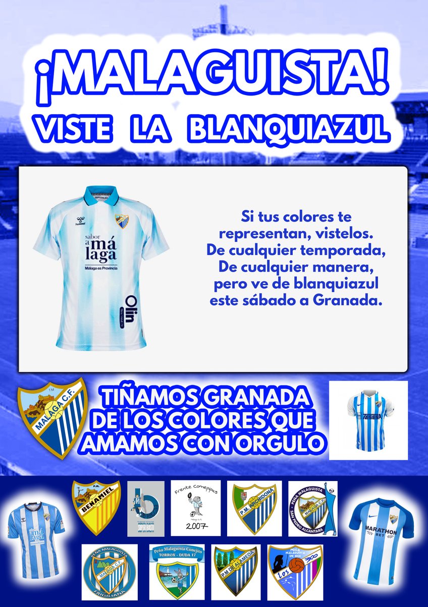 💙Llamamiento Blanquiazul 🤍

Si vas a Granada el sábado, da igual que camiseta lleves, de que año, siglo o estado, pero viste de blanquiazul.

Defendamos con orgullo nuestros colores, los de toda la provincia de Málaga!

Comparte esta publicacion por favor 🙏🏽🙌🏽 Gracias!
