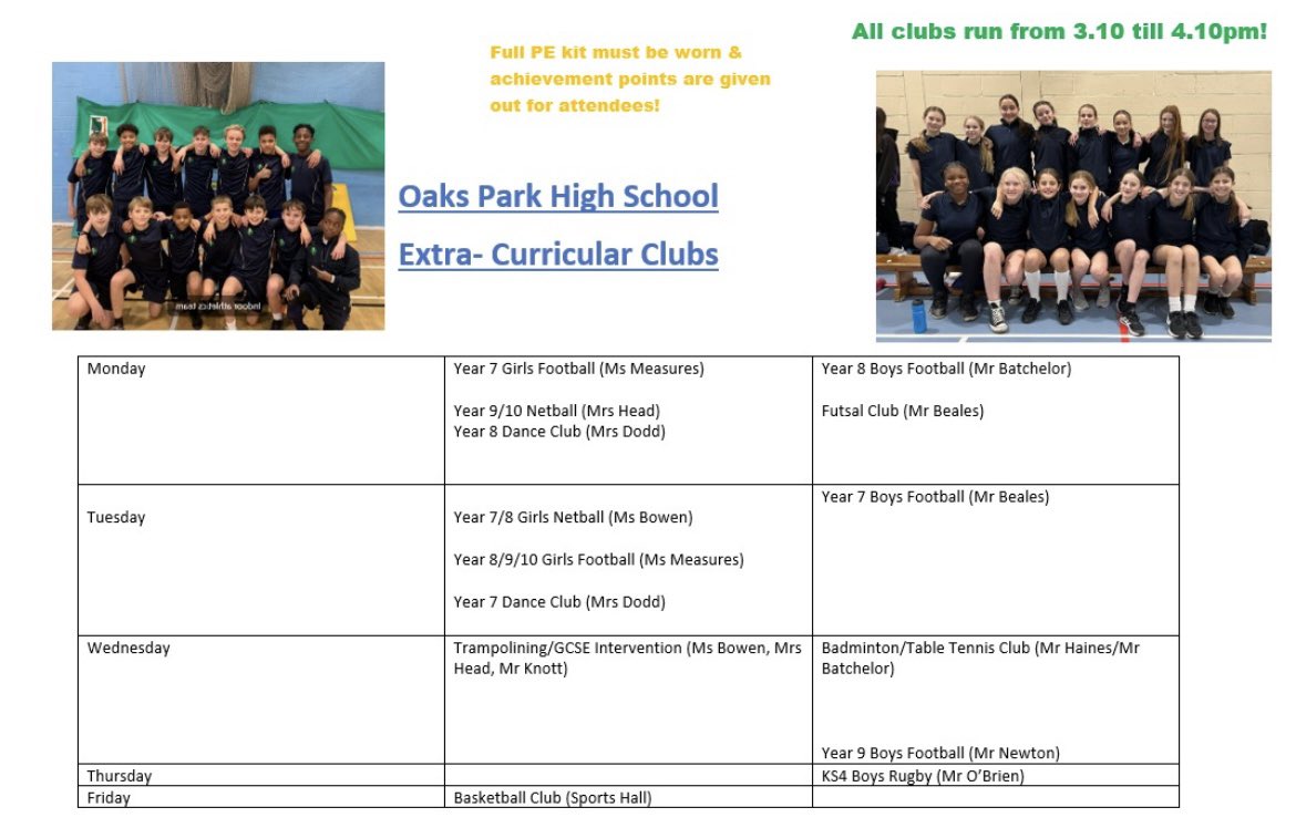 Oaks Park High School PE (@ophs_pe) on Twitter photo The new <a href="/OaksParkHigh/">Oaks Park High School Carshalton</a> PE Extra Curricular timetable is out and will be starting from next week! This will also be on the school website by the end of this week The new <a href="/OaksParkHigh/">Oaks Park High School Carshalton</a> PE Extra Curricular timetable is out and will be starting from next week! This will also be on the school website by the end of this week