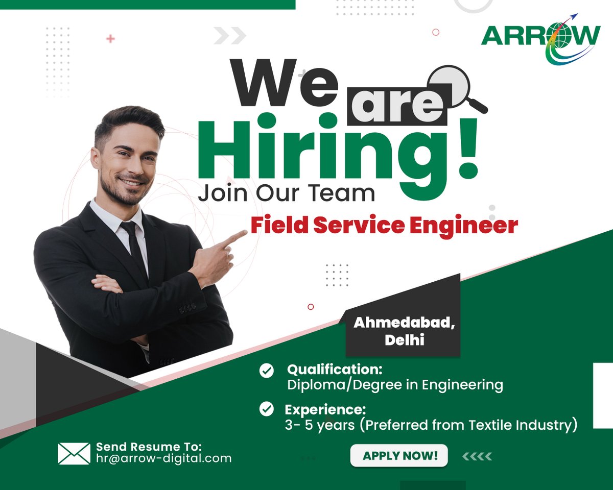 Hiring Alert!

We are hiring 𝐅𝐢𝐞𝐥𝐝 𝐒𝐞𝐫𝐯𝐢𝐜𝐞 𝐄𝐧𝐠𝐢𝐧𝐞𝐞𝐫 for Ahmedabad and Delhi Branch!

Interested candidates can email their resumes to hr@arrow-digital.com.

#ArrowDigital #HiringAlert #FieldServiceEngineer #JobOpportunity #AhmedabadJobs #DelhiJobs
