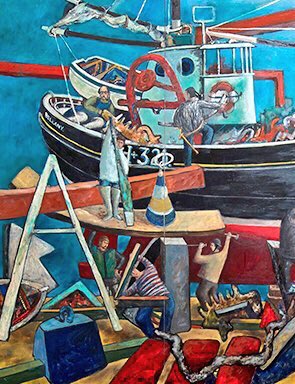 SantiagoArtis's tweet photo. “The Boat Builders” is one of Bellany’s earliest works, painted in 1962 when he was attending Edinburgh College of Art. Spanning an enormous 3x5 metres, it is one of the most ambitious paintings of his early career. #JohnBellany #painting https://t.co/zedkOh5J0T