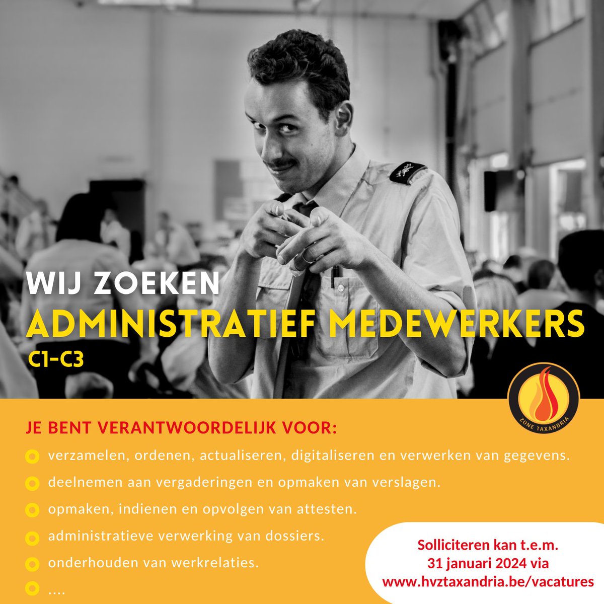 Nog een week om te solliciteren voor onze vacatures. We zoeken administratief medewerkers (C1-C3) en ook een deskundige logistiek (B1-B3) om de werking van onze hulpverleningszone mee te ondersteunen. Iets voor jou? Ga naar hvztaxandria.be/vacatures een waag je kans!
