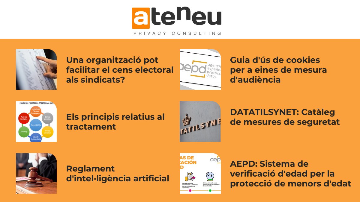🗒️ Consulta els últims articles publicats al nostre blog sobre protecció de dades i privacitat. 👇

🔗 ateneu.eu/ca/news.  
ℹ️ #Protecciódedades · #Privacitat · #DadesPersonals