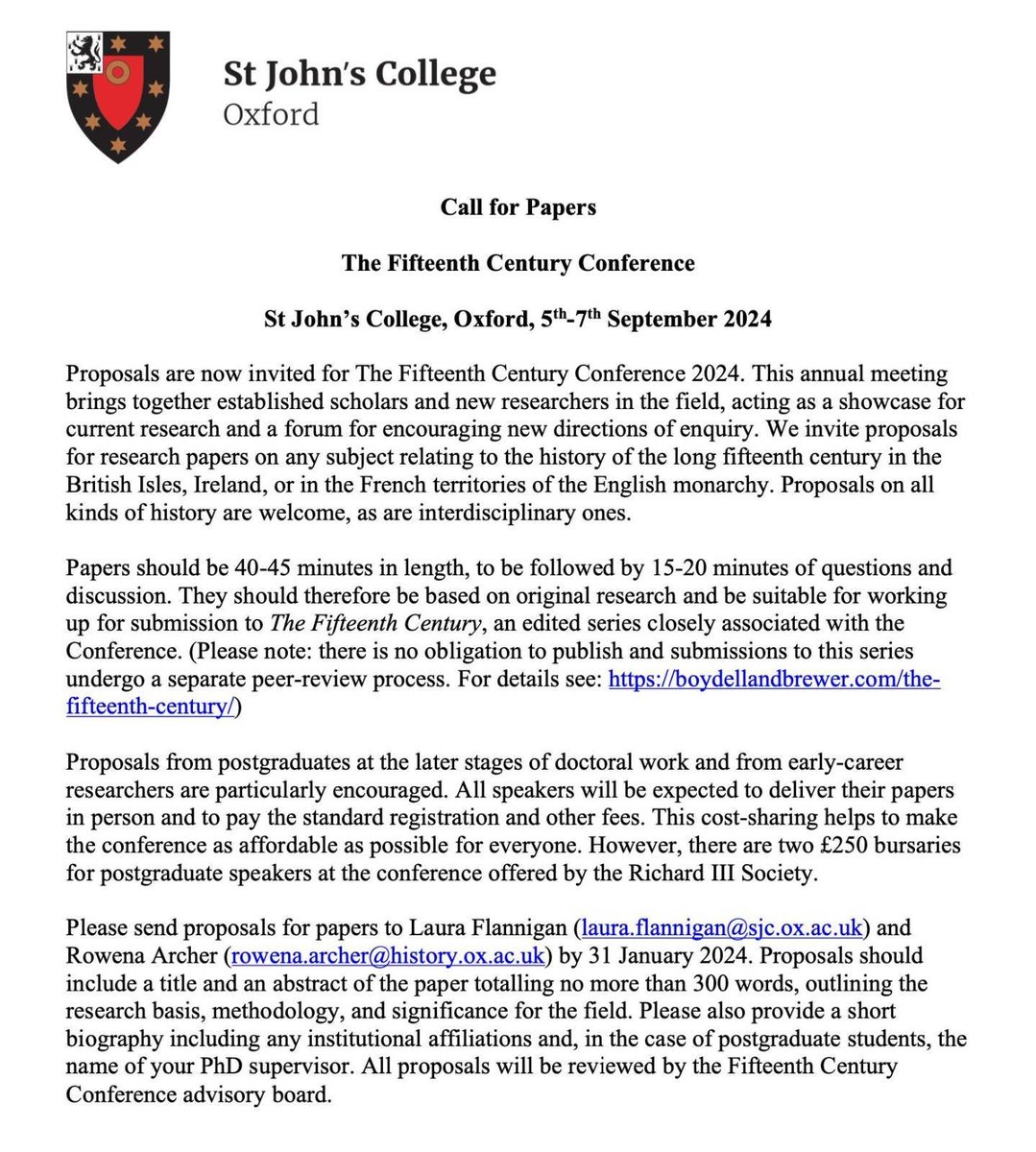 There's just one week left to get your abstracts in for this year's Fifteenth Century conference, @StJohnsOx, Sept 5th-7th. Deadline is Jan 31st - please share! #medievaltwitter