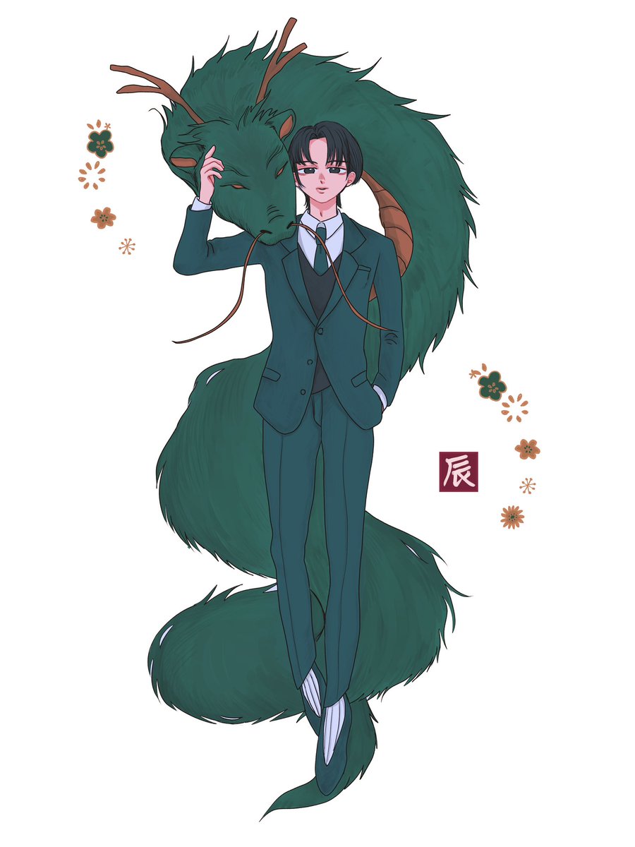 1boy formal male focus suit black hair hand in pocket eastern dragon  illustration images