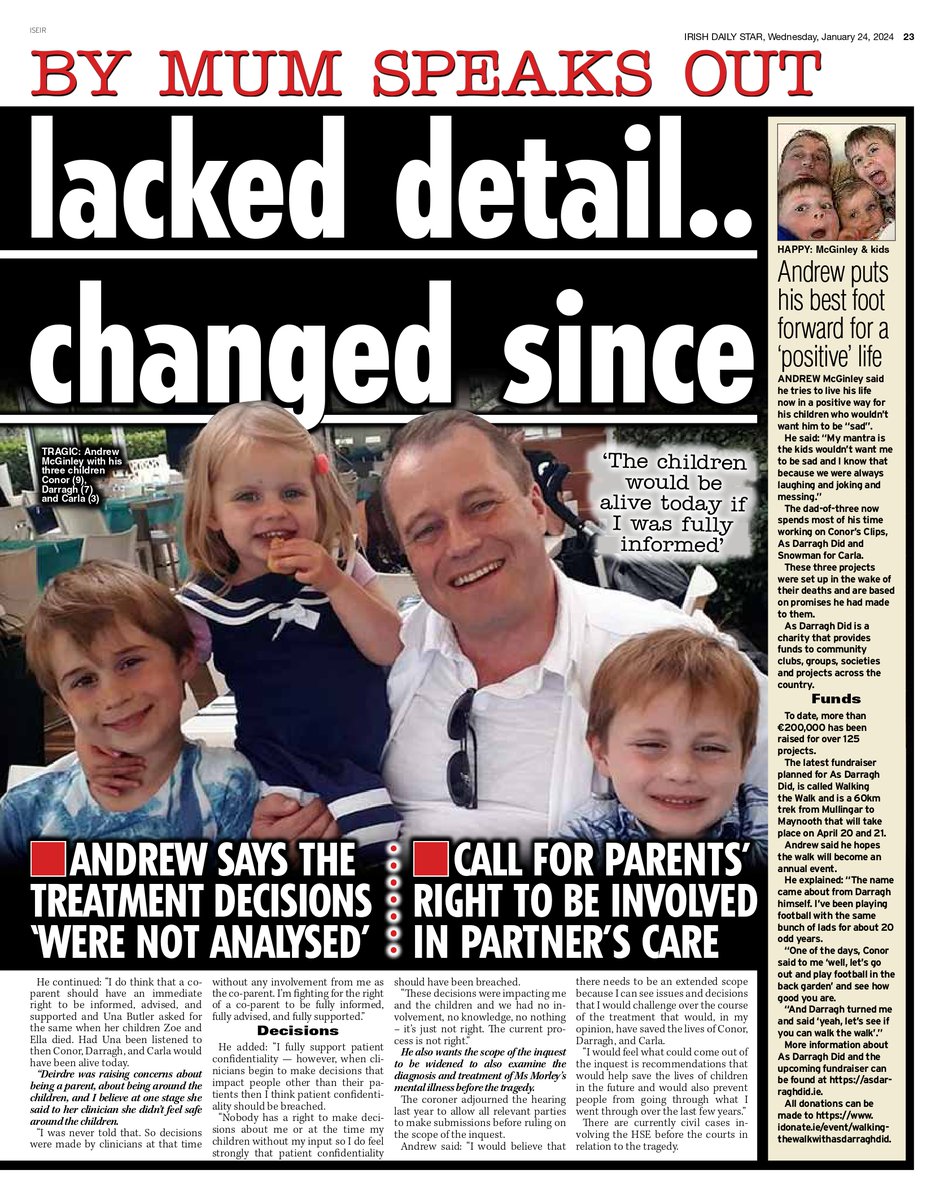 The dad of three children killed by their mum said a HSE review into the tragedy lacked “detail” and was “disappointing” Today marks 4 years since Conor, Darragh and Carla's passing Andrew McGinley said a 60km fundraiser walk is planned for April @IrishMirror @isfearranstar