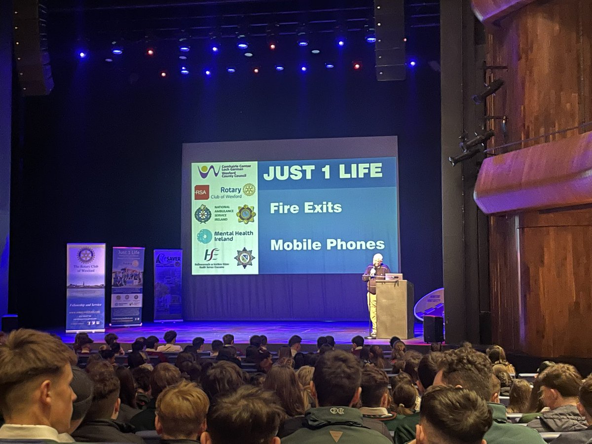 rotarywexford's tweet photo. #just1life has kicked off again today with over 400 students from across the County in attendance hearing about about all things related to #roadsafetyawareness. Our mission to #empoweryouth and save lives. https://t.co/rGQJ647Ixf