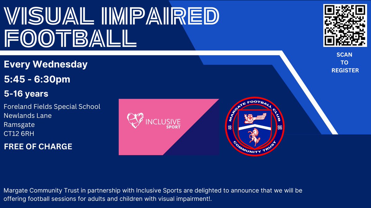 Visual Impaired Football

📅 Every Wednesday
▶️ 5-16 year olds
⏰ 5:15-6pm
📍 Forelands Fields School, Newlands Lane, Ramsgate, CT12 6RH

To register click here 👇

inclusive-sport.classforkids.io/info/381

#UpTheGate #BestInField #VisualImpairment #Margate #Kent #KentFA #Inclusive