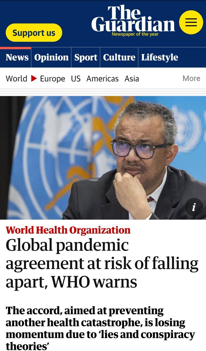 Fantastic news!

'Global pandemic agreement at risk of falling apart, WHO warns'

'Tedros Adhanom Ghebreyesus, the WHO's director-general, said the momentum had been slowed down by entrenched positions and 'a torrent of fake news, lies, and conspiracy theories'.

He warned that