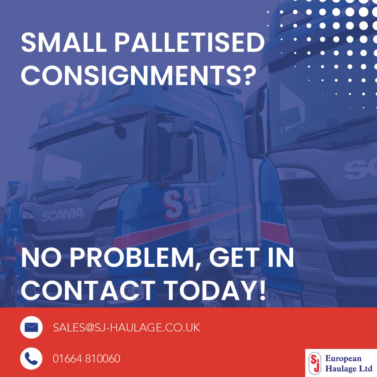 Looking to transport small palletised consignments? 💪 No problem!

Reach out to S&amp;J Haulage, and discover how we can assist you! bit.ly/3Z77i7z

#SJHaulage #UK #Ireland #Haulage #LogisticalSolutions #Consignments