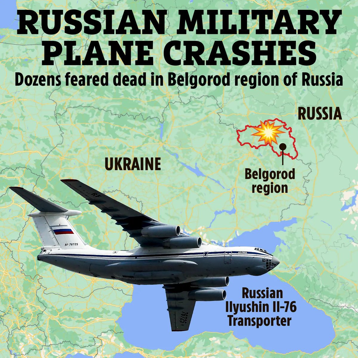 TheSunGraphics's tweet image. CRASH &amp;amp; BURN At least 76 feared dead as vid shows Ukraine shoot down £30m Russian Il-76 military plane in fireball crash near border thesun.co.uk/news/25466779/…