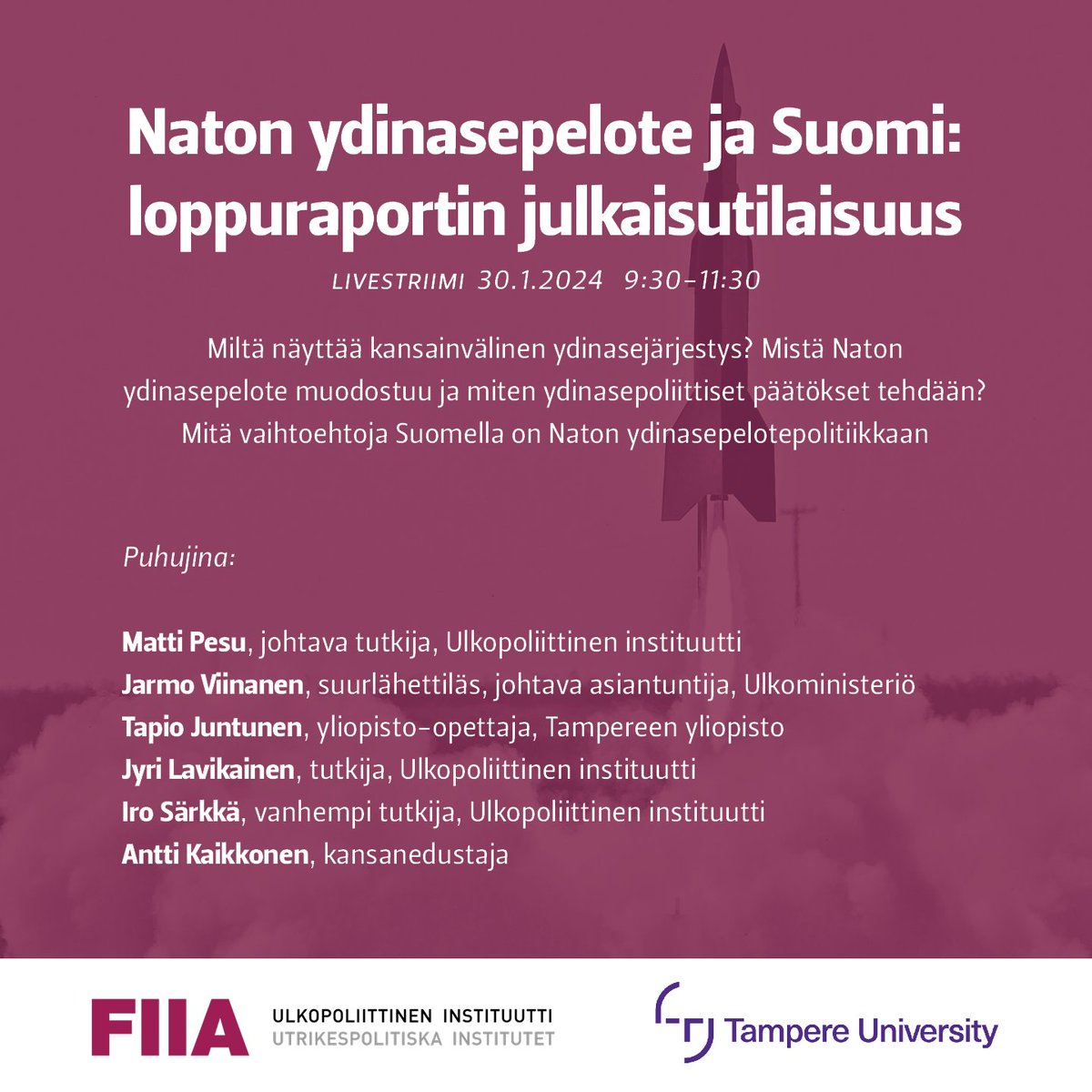 Ensi tiistaina 30.1. julkaistaan UPIn ja @TampereUni <a href="/vnteas/">Valtioneuvoston TEAS</a>-raportti ”Naton ydinasepelote ja Suomi”.

Raportin julkaisutilaisuudessa pureudutaan Naton ydinasepelotepolitiikkaan ja Suomen mahdollisiin rooleihin siinä.

Ilmoittaudu seuraamaan livestriimiä ➡️fiia.fi/tapahtuma/nato…