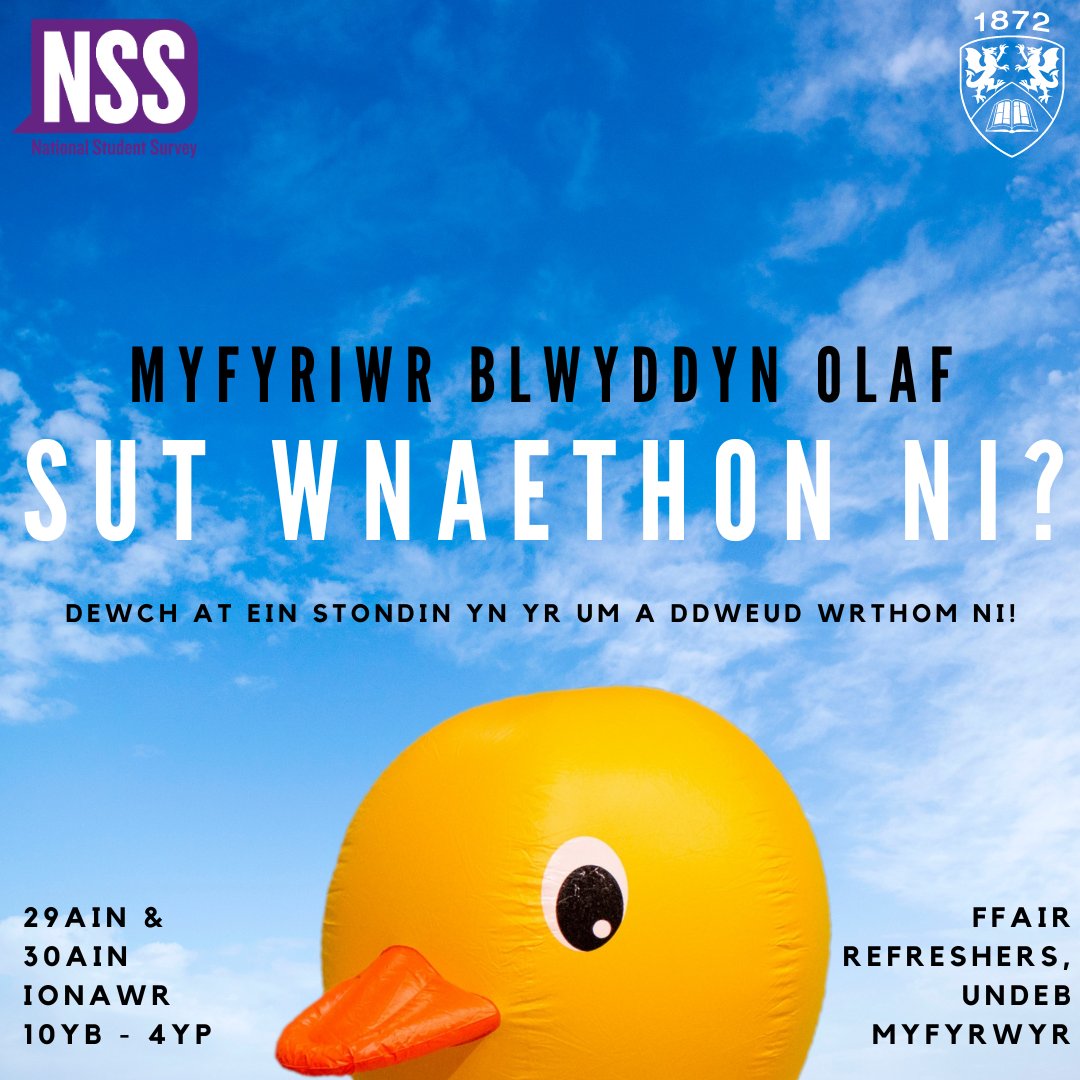 🦆 AIL FFAIR Y GLAS - Dewch i gwrdd ag AberQuack!

Mae'r # Arolwg Cenedlaethol o Fyfyrwyr nawr ar agor.

I ddathlu, bydd AberQuack yn rhoi gwobrau a danteithion melys yn Ail Ffair y Glas ar Ddydd Llun 29ain a Dydd Mawrth 30ain o Ionawr.

Fe welwn ni chi yno! 🦆😀🤩

#AberNSS