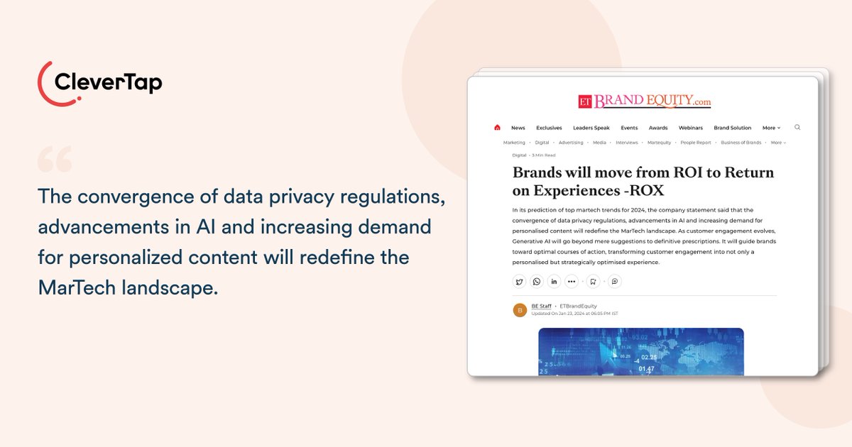 CleverTap's tweet image. GenAI was the tale of #2023! But what's in store for #2024?
From #PrescriptiveAI to a focus on #ReturnonExperience, read our detailed breakdown of which #MarTechtrends will hog the limelight over the next 12 months in this @ETBrandEquity article: bit.ly/4bc3ecr