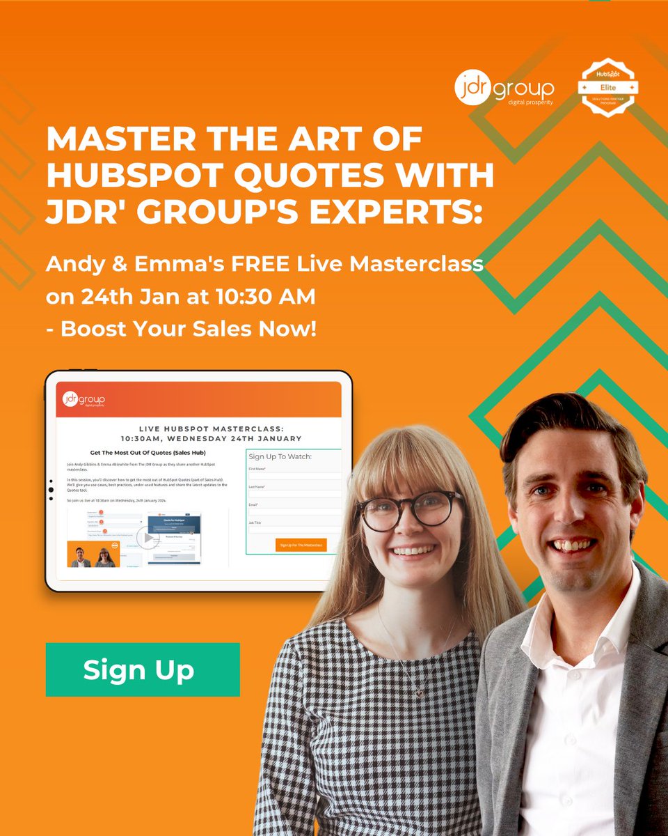 DavidatJDR's tweet image. There&apos;s still time to join our free @HubSpot Masterclass Webinar! Learn advanced sales strategies with HubSpot&apos;s Quotes from experts Andy Gibbins &amp;amp; Emma Ablewhite. Don’t miss out! Sign up: hubs.la/Q02hxvzR0 

#SalesExcellence #HubSpotMasterclass