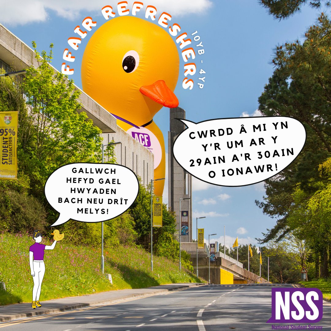 🦆 AIL FFAIR Y GLAS - Dewch i gwrdd ag AberQuack!

Mae'r # Arolwg Cenedlaethol o Fyfyrwyr nawr ar agor.

I ddathlu, bydd AberQuack yn rhoi gwobrau a danteithion melys yn Ail Ffair y Glas ar Ddydd Llun 29ain a Dydd Mawrth 30ain o Ionawr.

Fe welwn ni chi yno! 🦆😀🤩

#AberNSS