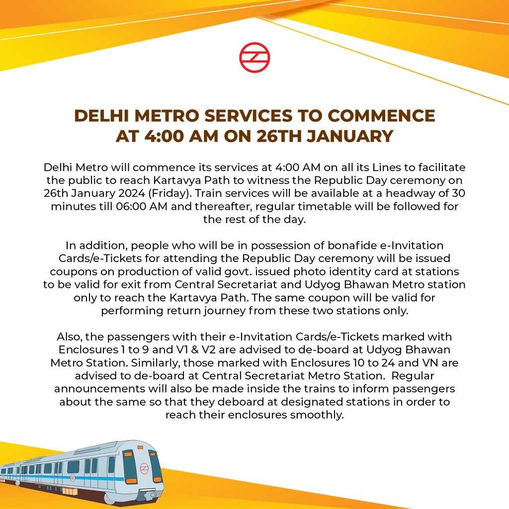 OfficialDMRC's tweet photo. Delhi Metro services to commence at 4:00 Am on 26th January. https://t.co/DnK6Ak1sHh