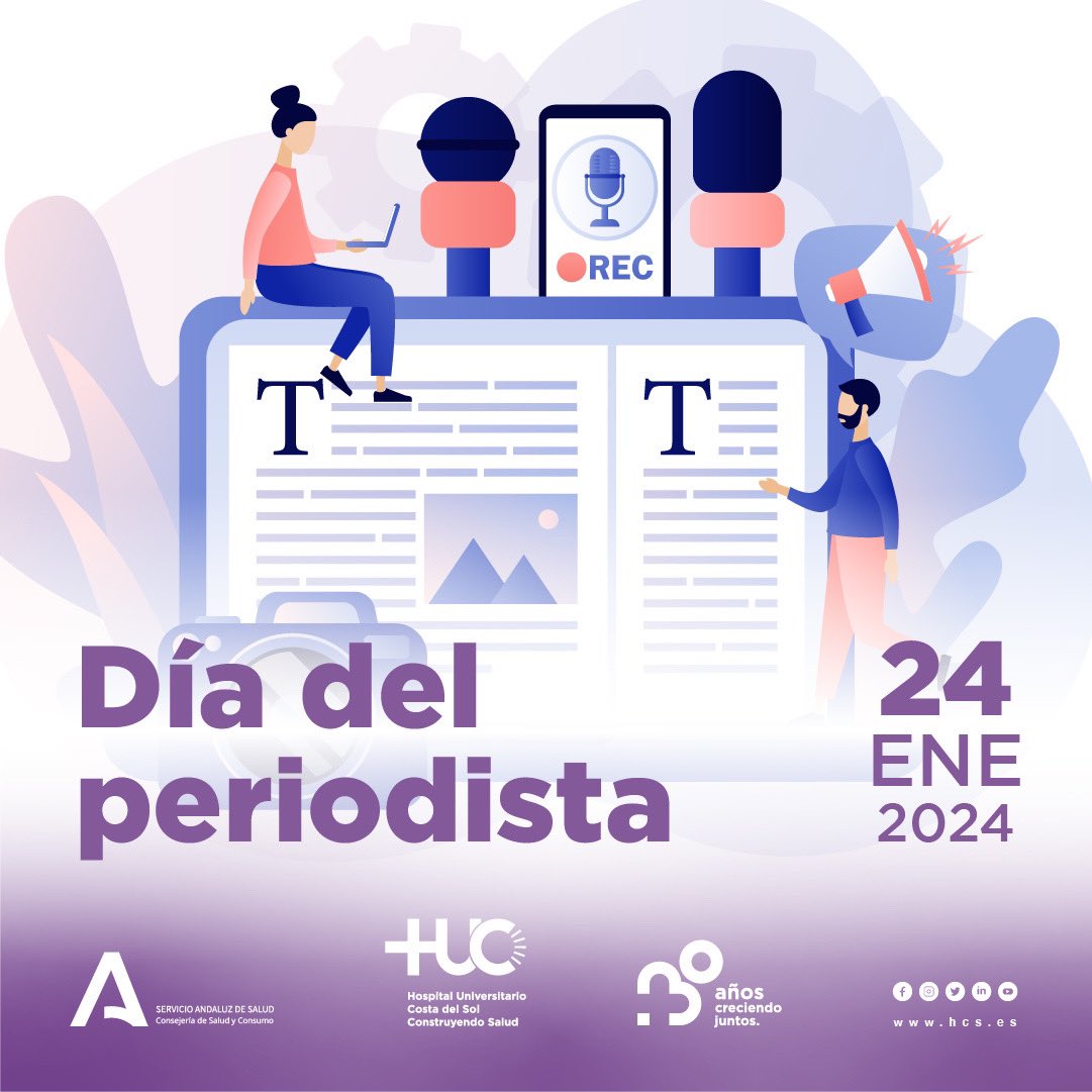 ASCostadelSol's tweet photo. 🎤 🗞️ ¡Conmemoramos el #DíadelPeriodista! Agradecemos a todos los profesionales de la comunicación que con su valentía y dedicación nos mantienen informados día a día, especialmente a los que se dedican al ámbito de la salud.

#ConstruyendoSalud #30AñosCreciendoJuntos https://t.co/rDoUntM9u8