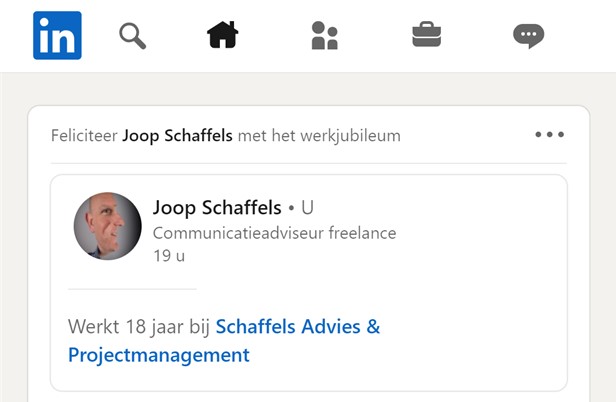YIPPIE lees net op LinkedIn dat ik al weer 18 jaar bij mezelf werk. Altijd mooi die data en felicitaties. En ja, het klopt. Toen ik op 1 januari 1991 ben gestart als zelfstandig tekstschrijver was het Schaffels Tekst &amp; Publiciteit.
