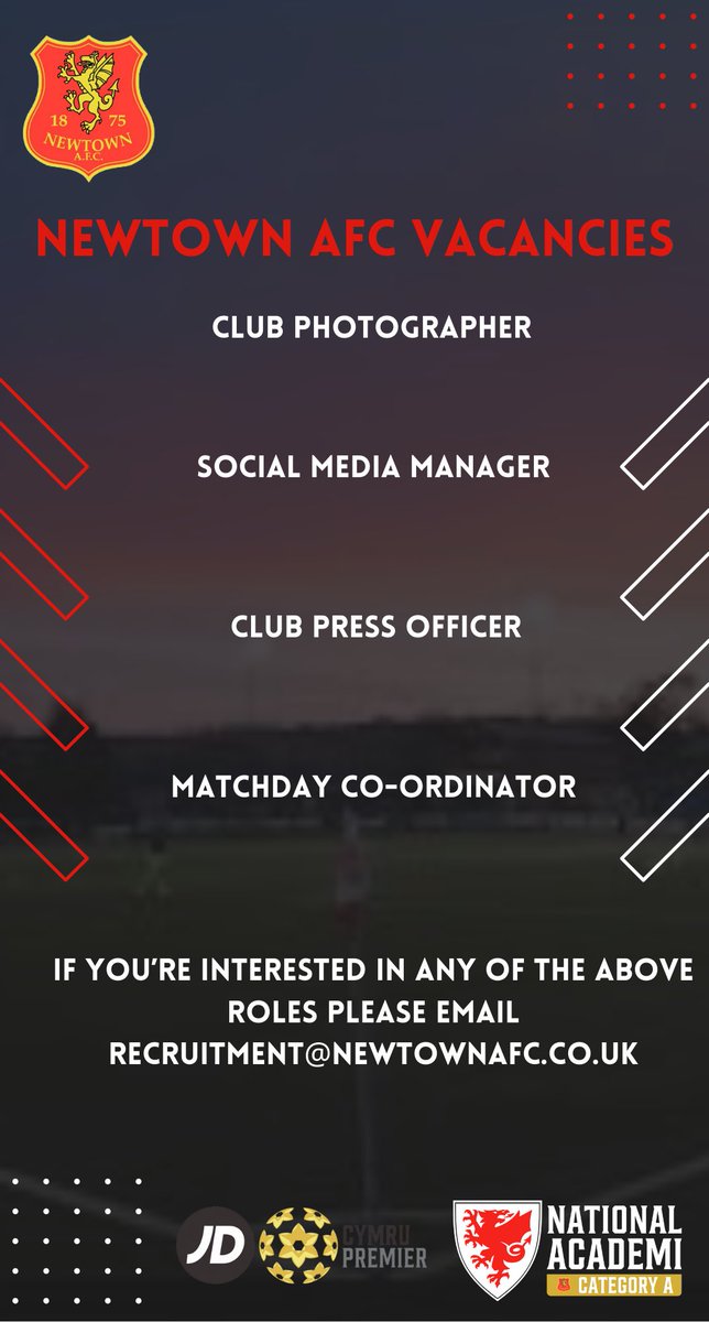 WE’RE HIRING 📥

We have a number of roles available to support our fan engagement plan around <a href="/CymruLeagues/">JD Cymru Leagues 🏴󠁧󠁢󠁷󠁬󠁳󠁿</a> games. 

Please visit our website below for more information 👇

newtownafc.co.uk/club-vacancies/

#creativemedia #sportsphotography 

<a href="/CTSport/">County Times Sport</a> <a href="/NewtownSportFE/">Sport NPTC Newtown</a> <a href="/JonnyDrury_Star/">Jonny Drury</a>