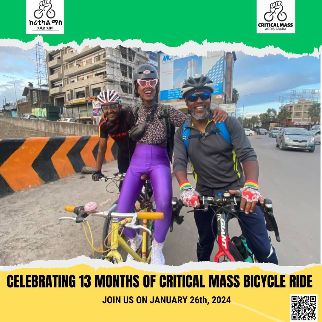 Join us this Friday for our #criticalmass 13-month anniversary! Meeting is at 4:30pm at La Patisserie (Meskel Square) Bring ur cycle, lights and friends 🚴🏽‍♀️🚴🏽‍♀️