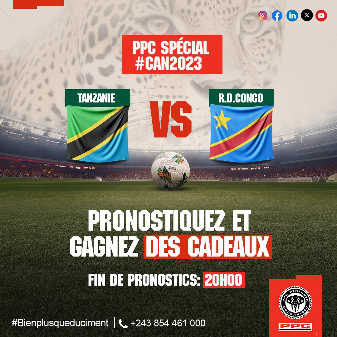 #ConcoursCanPPC💥 Tanzanie-RDC⚽

Vous avez jusqu'à 20h00 pour pronostiquer et gagner des sacs de ciment, voire bien d'autres récompenses😇🏆

Pour participer:
- S'abonner à la page
- Partager le post
- Donner un bon score

🕢Clôture de pronostics: 20h00

#Can2023  #Pronostics